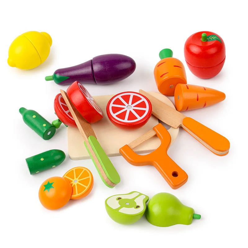 Wooden Toy Cutting Fruit Vegetables Simulation Kitchen Role Play Montessori