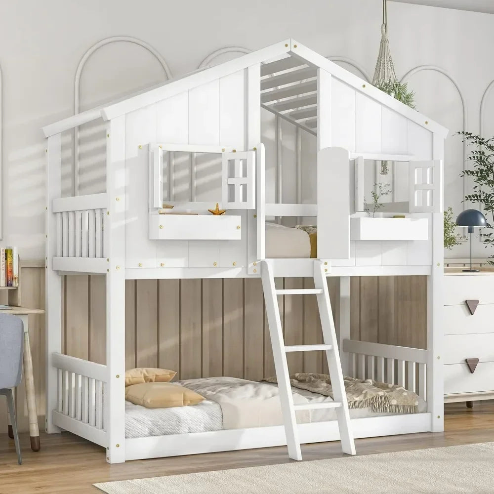 Double children's bunk bed, wooden frame, with roof, window, planter, door, safety guardrail and ladder