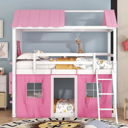 Double bunk bed with tent, double loft for children with ladders, railing windows and wooden roof over house style plywood children's bed