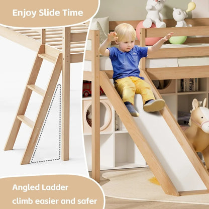 Low wooden loft bed with slide, interchangeable climbing ladder and storage space for children