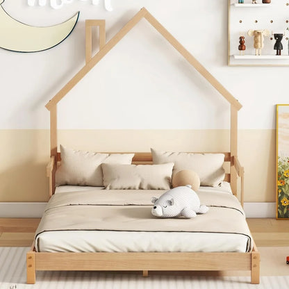 Full Size Kids Bed, House Shaped Headboard, Low Platform Bed Montessori