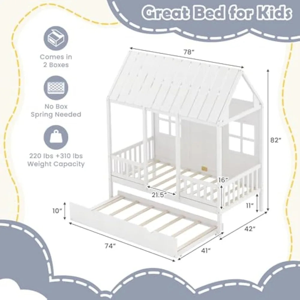 Montessori single bed with trundle, children's bed frame with roof, wooden cabin bed, no box spring needed