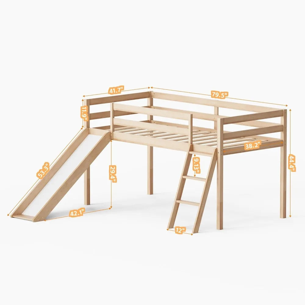 Low wooden loft bed with slide, interchangeable climbing ladder and storage space for children