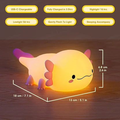 Axolotl night light, silicone, rechargeable touch screen with timing