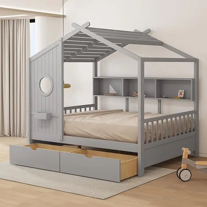 Kids Bed with Storage Drawers and Pine Wood Shelf, Built-in Window Box Design, Cute Bed for Toddlers