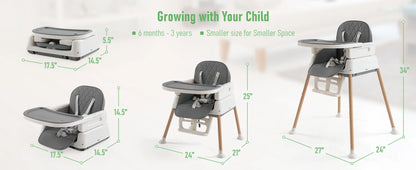 3 in 1 convertible adjustable high chair for baby, compact, light, portable, easy to clean