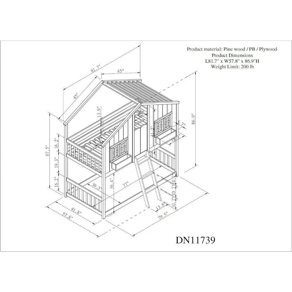 Double children's bunk bed, wooden frame, with roof, window, planter, door, safety guardrail and ladder