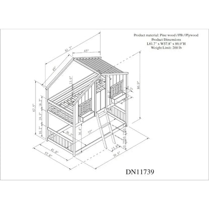 Double children's bunk bed, wooden frame, with roof, window, planter, door, safety guardrail and ladder