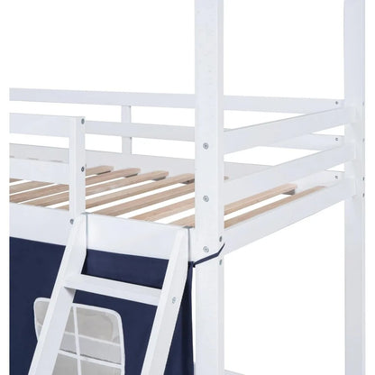 Double bunk bed with tent, double loft for children with ladders, railing windows and wooden roof over house style plywood children's bed