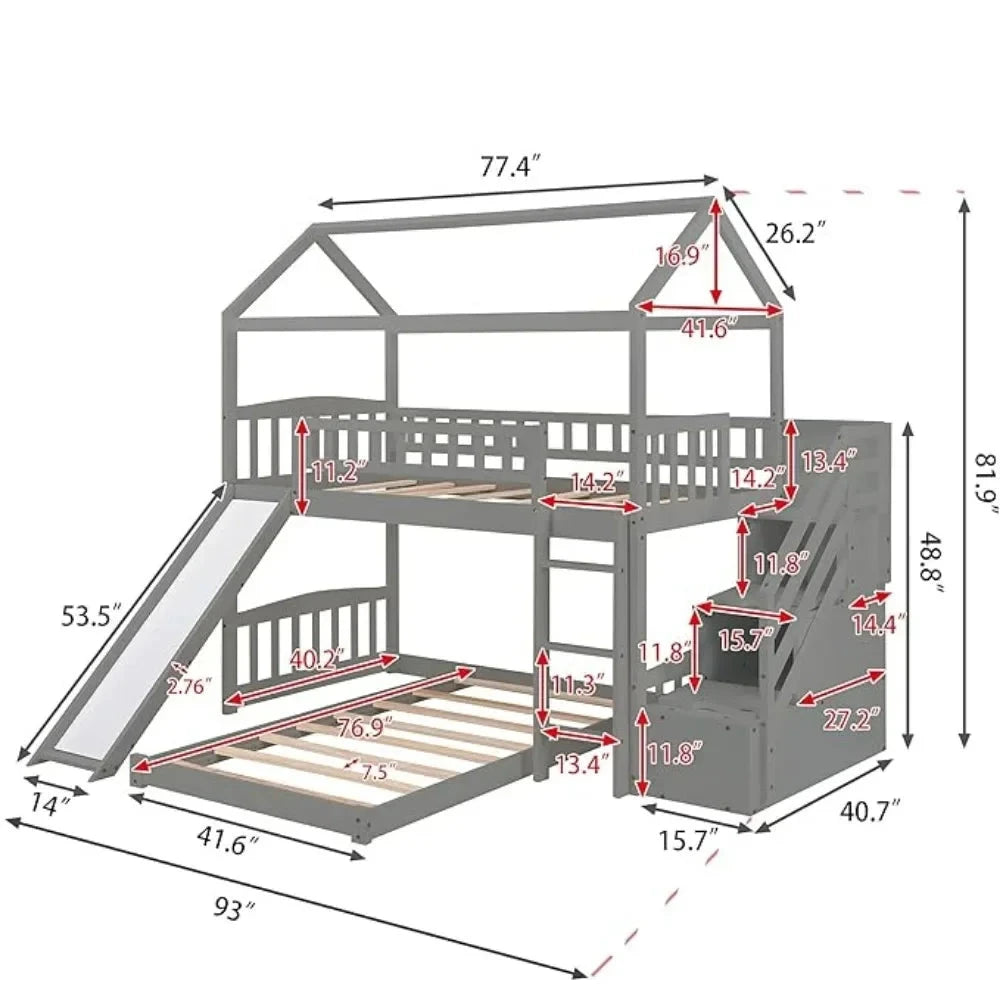 Double children's beds, bunk bed frame with two storage boxes, slide, stairs and guardrail, solid wood bed frame for children