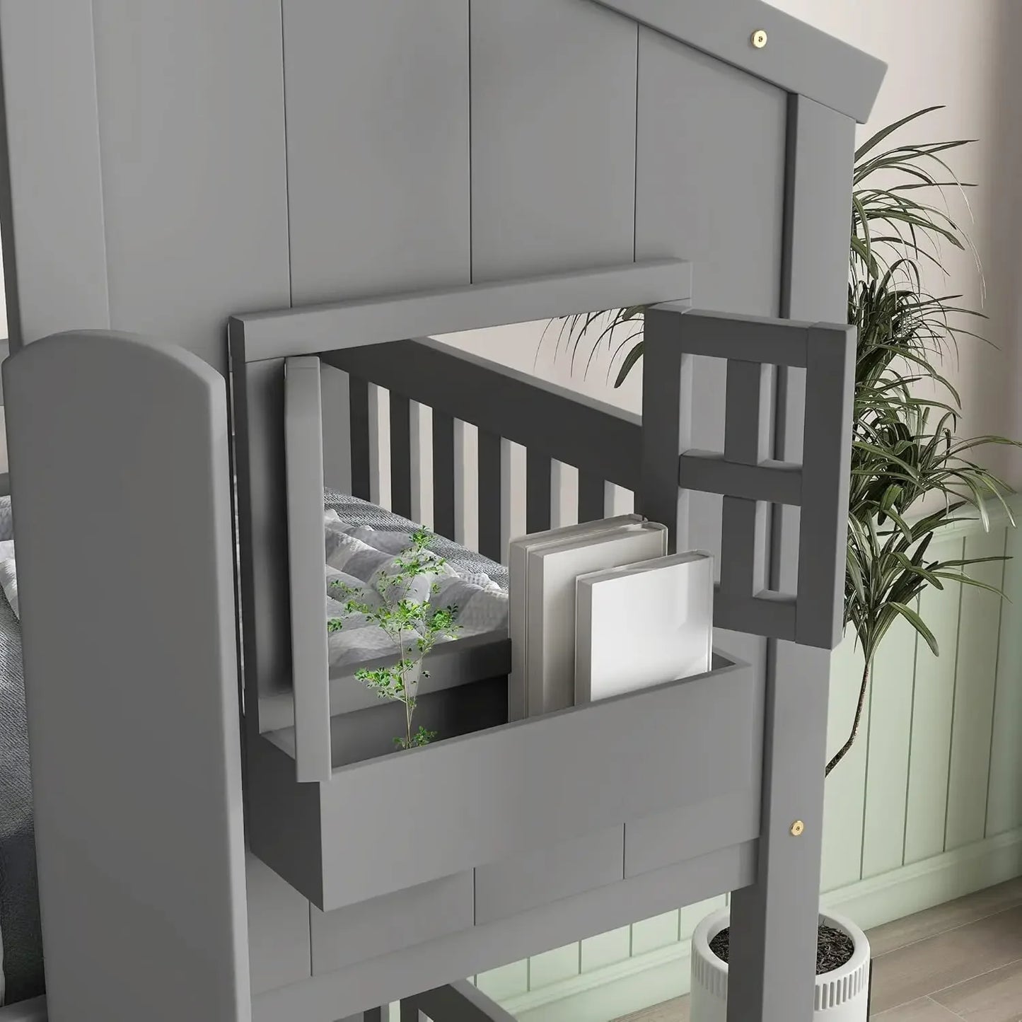 Double children's bunk bed, wooden frame, with roof, window, planter, door, safety guardrail and ladder