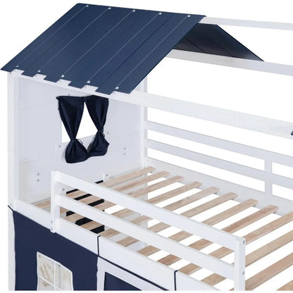 Double bunk bed with tent, double loft for children with ladders, railing windows and wooden roof over house style plywood children's bed