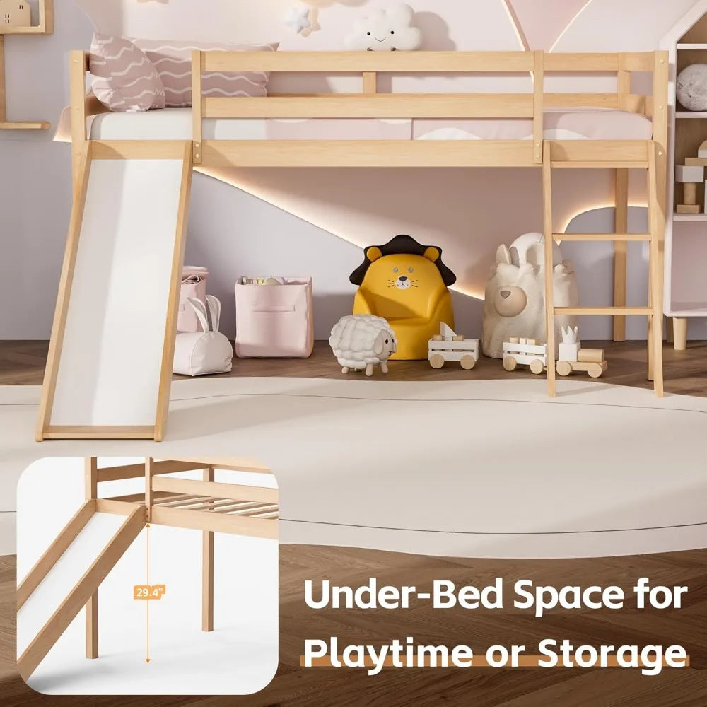 Low wooden loft bed with slide, interchangeable climbing ladder and storage space for children