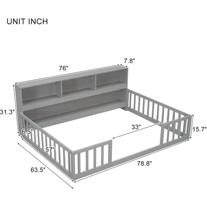 Montessori Floor Bed, Full Size Bed with Pine Wood Bookcase and Shelves, Complete Bed Frame with Guardrail for Kids