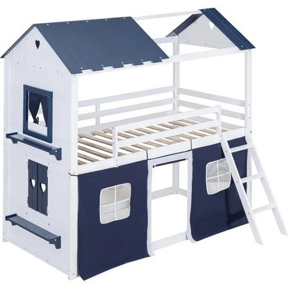 Double bunk bed with tent, double loft for children with ladders, railing windows and wooden roof over house style plywood children's bed