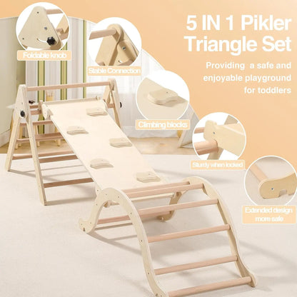 Wooden Foldable Triangle Climbing Set with Sliding Ramp and Arch, 5 in 1 Montessori