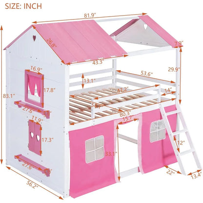 Double bunk bed with tent, double loft for children with ladders, railing windows and wooden roof over house style plywood children's bed