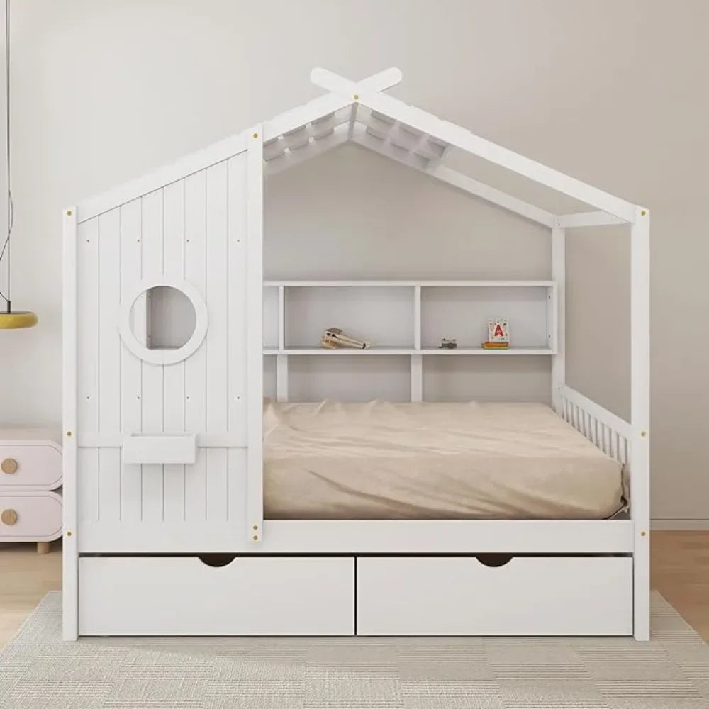 Kids Bed with Storage Drawers and Pine Wood Shelf, Built-in Window Box Design, Cute Bed for Toddlers