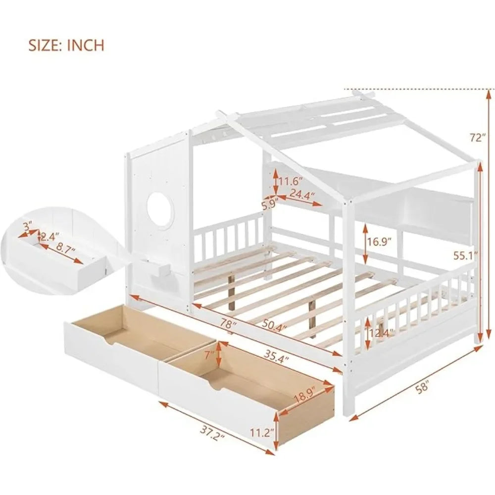 Kids Bed with Storage Drawers and Pine Wood Shelf, Built-in Window Box Design, Cute Bed for Toddlers