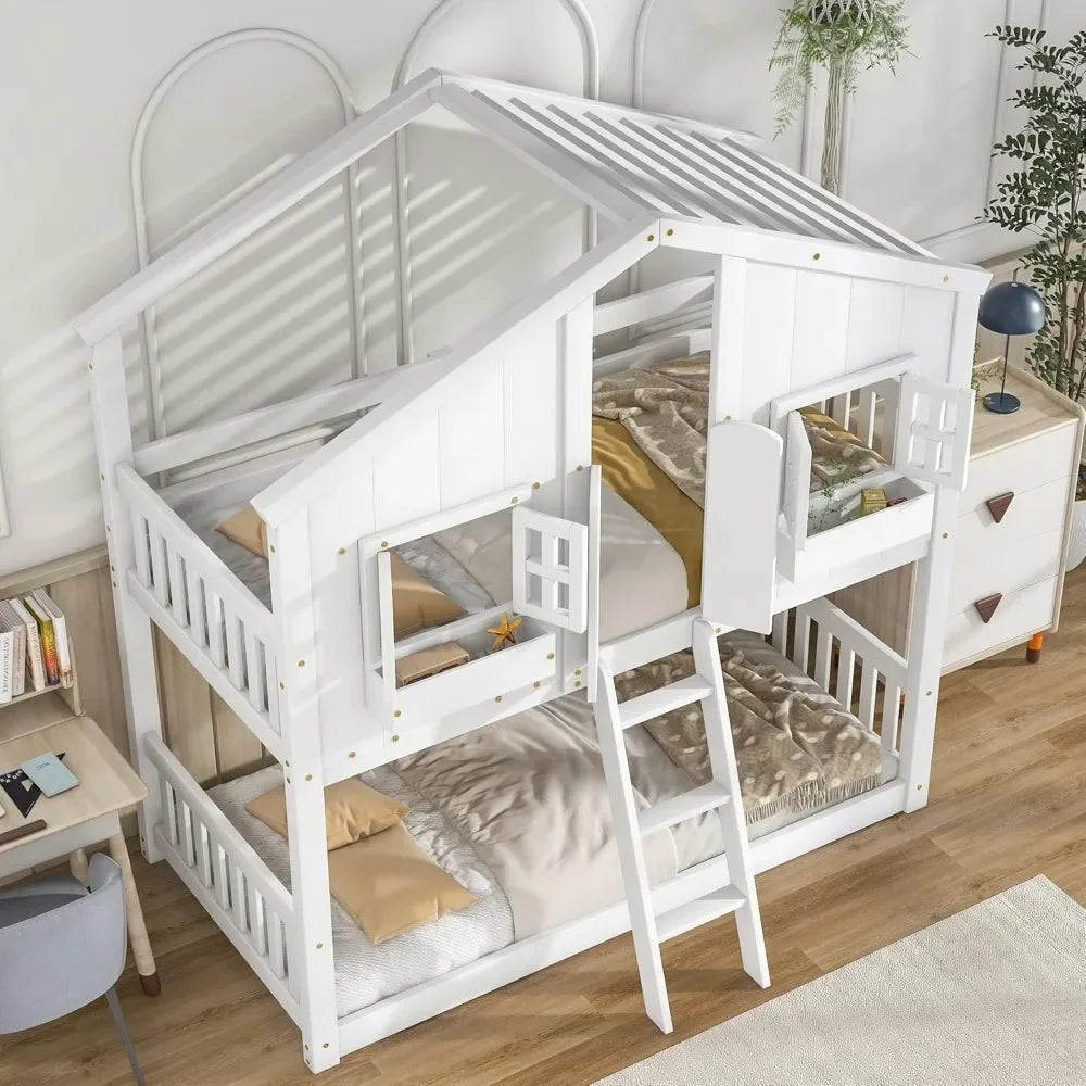 Double children's bunk bed, wooden frame, with roof, window, planter, door, safety guardrail and ladder