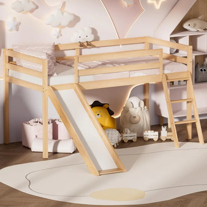 Low wooden loft bed with slide, interchangeable climbing ladder and storage space for children