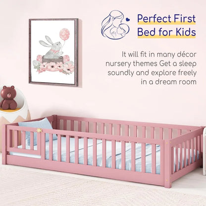 Floor bed with safety guardrail, door and slats, wooden Montessori floor