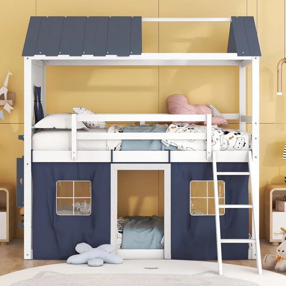 Double bunk bed with tent, double loft for children with ladders, railing windows and wooden roof over house style plywood children's bed