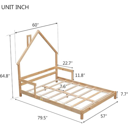 Full Size Kids Bed, House Shaped Headboard, Low Platform Bed Montessori