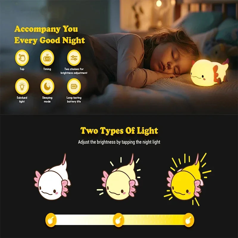 Axolotl night light, silicone, rechargeable touch screen with timing