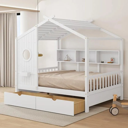 Kids Bed with Storage Drawers and Pine Wood Shelf, Built-in Window Box Design, Cute Bed for Toddlers