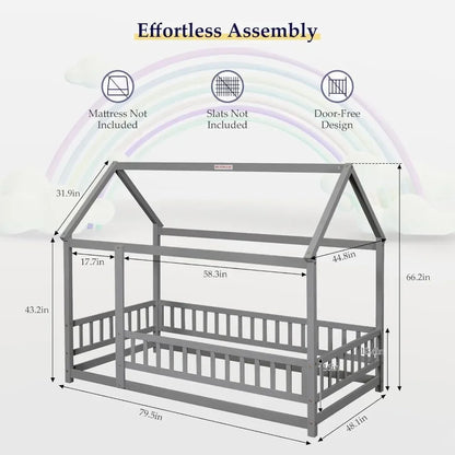 Montessori Double Floor Bed in Pine Wood with Fence and Roof for Children