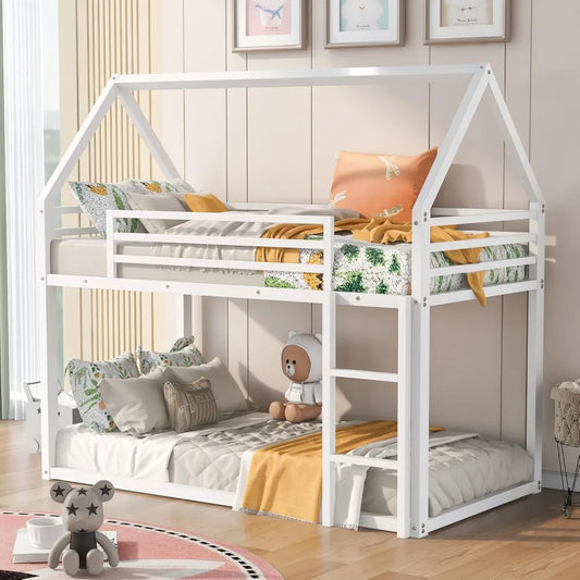 Metal Double Bunk Bed with Ladder, House Shaped for Kids