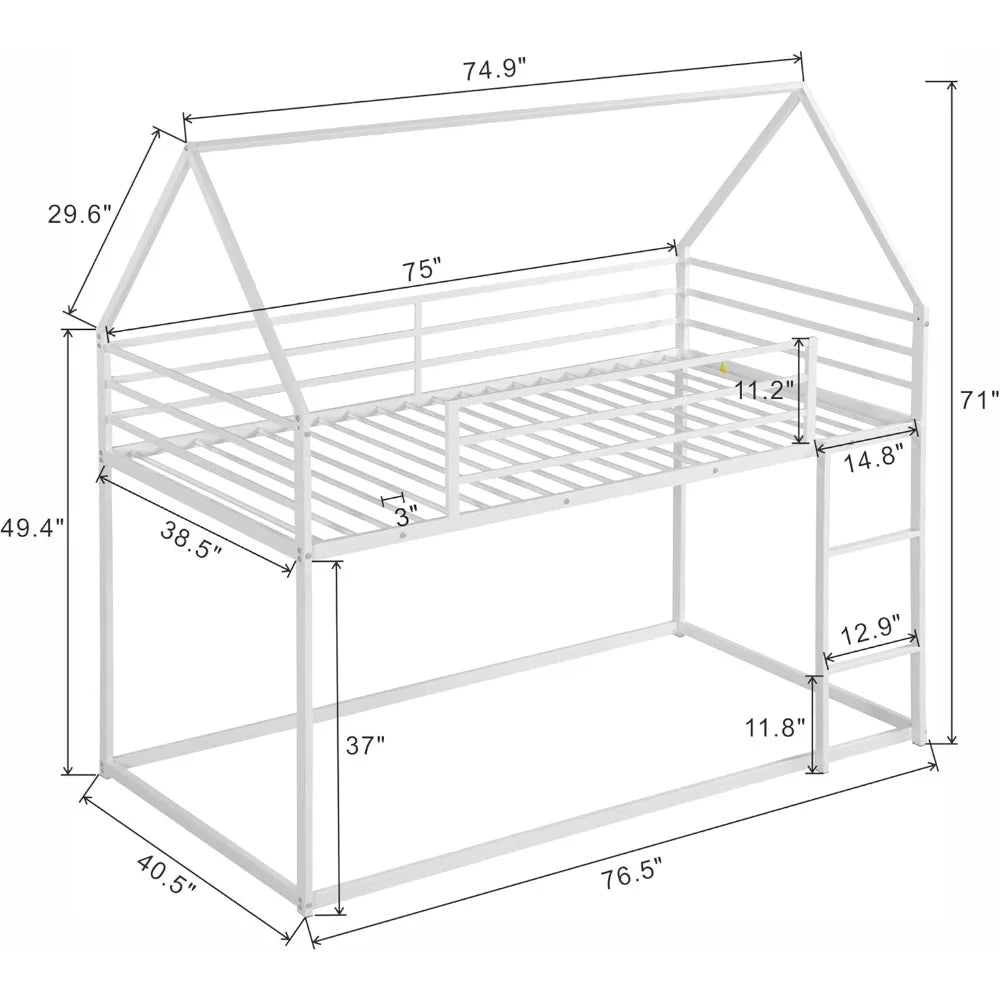 Metal Double Bunk Bed with Ladder, House Shaped for Kids