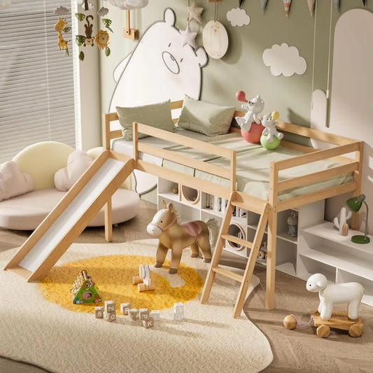 Low wooden loft bed with slide, interchangeable climbing ladder and storage space for children